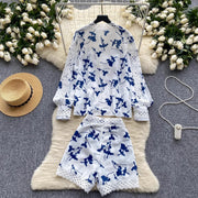 Hollow Out Embroidery 2 Pieces Set Women Stand Lantern Sleeve Pearls Buttons Linen Shirt Top + High Waist Pocket Shorts Suits