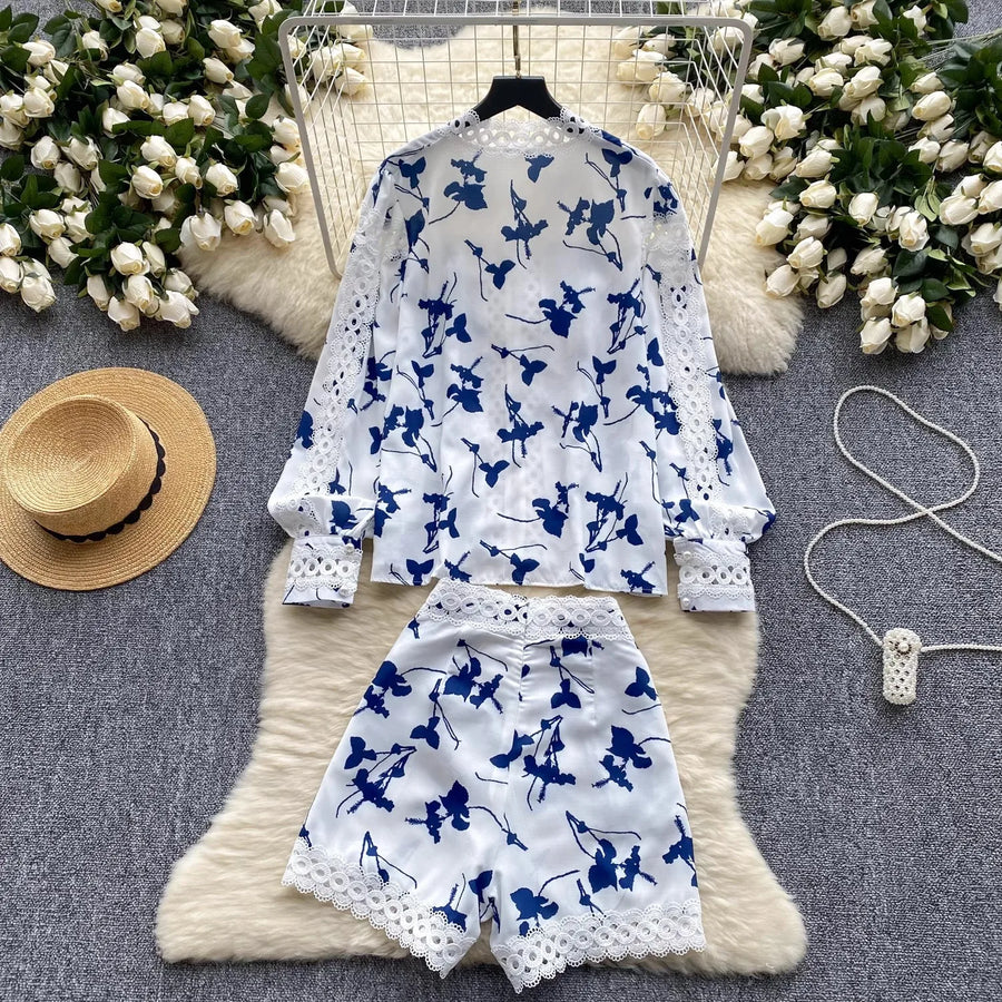 Hollow Out Embroidery 2 Pieces Set Women Stand Lantern Sleeve Pearls Buttons Linen Shirt Top + High Waist Pocket Shorts Suits