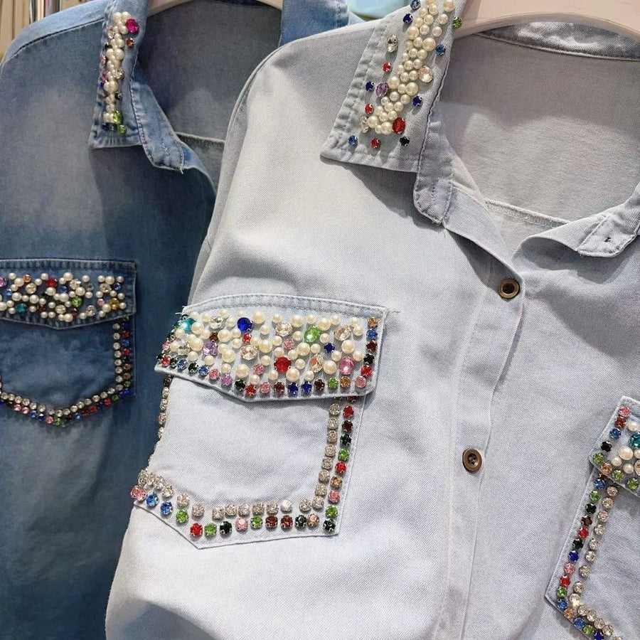 Women Rainbow Diamonds Denim Shirts Spring Summer Rhinestones Double Pockets Jeans Blouses Crystal Cowboy Cardigan Tops Blusas