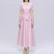 Elegant Beading Diamond Luxury Embroidery Prom Evening Dress Women Summer Short Sleeve Hollow Out Lace Patchwork Belt Long Dress