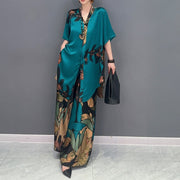 High Quality Print Long Blouse + Straight Pants Long Two Piece Sets