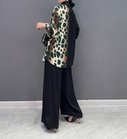 High Quality Black Patchwork V Neck Blouse And Wide Leg Pants Two Piece Sets