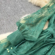 Luxury Embroidery Formal Dresses Women Summer Autumn Lantern Long Sleeve Lace Vestidos Pearl Prom Evening Birthday Dress Party