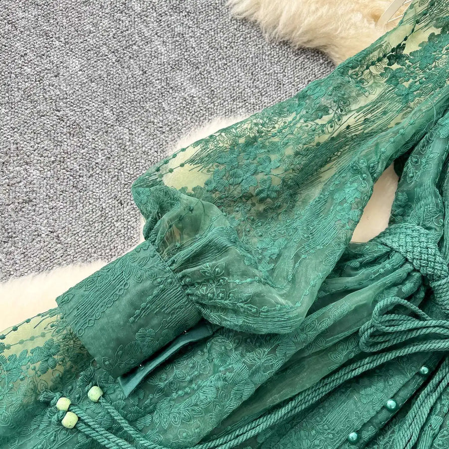 Luxury Embroidery Formal Dresses Women Summer Autumn Lantern Long Sleeve Lace Vestidos Pearl Prom Evening Birthday Dress Party