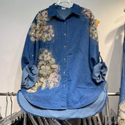 Casual two-piece set: heavy floral denim shirt, loose lapel beaded top, and wide-leg jeans