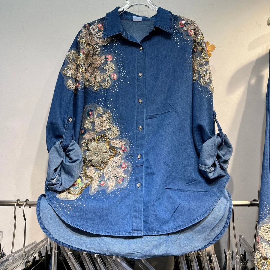 Casual two-piece set: heavy floral denim shirt, loose lapel beaded top, and wide-leg jeans