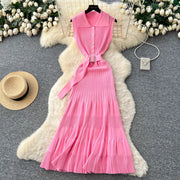 SINGREINY 1950s Ribbed Knit Dress Sleeveless Lapel Belt French Ins Chic Spring Summer Celebrity Style Feminine A-line Long Dress