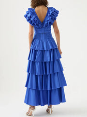 Solid Two Piece Sets For Women V Neck Butterfly Sleeve Folds Crop Tops High Waist Tierred Pleated Skirt Casual Set Female