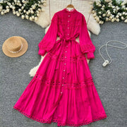 Elegant retro style slit maxi dress with pearl buttons and high-quality crochet embroidery