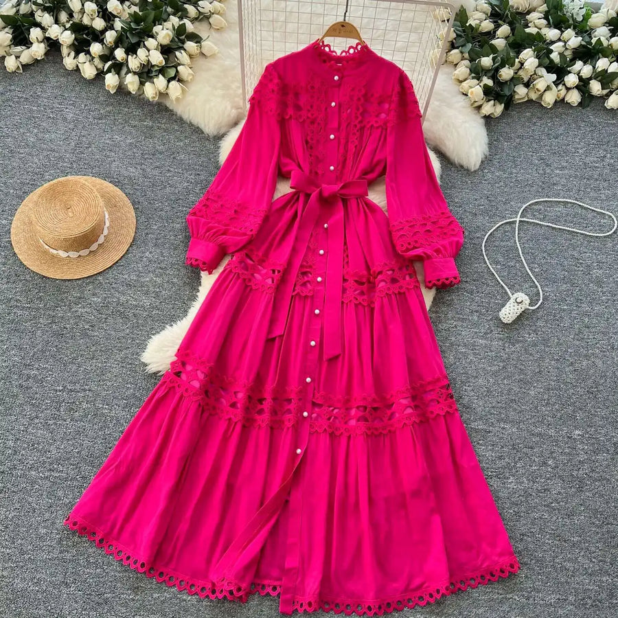 Elegant retro style slit maxi dress with pearl buttons and high-quality crochet embroidery