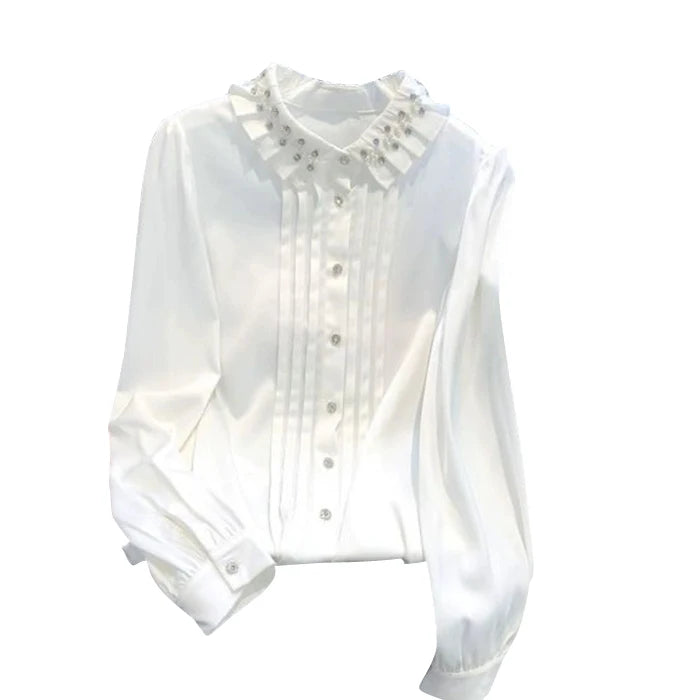 High Quality Diamond Beaded Ruffles Long Sleeve Loose White Shirt