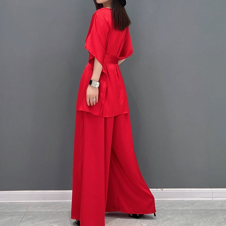 2 Piece Set Stylish Half Sleeve Blouses + With High Quality Wide Leg Long Pants