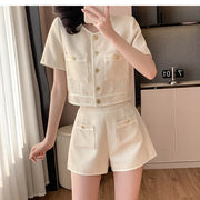 Two 2 Piece Shorts Sets Women Tweed Shorts Suits Office Ladies Single-Breasted Short Sleeve Jacket Coat High Waist Shorts S-XL