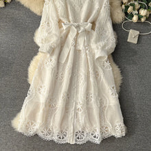 Long sleeve openwork design embroidered belt ruched waist high quality A-line maxi dress