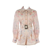 Ele High Waist Long Sve Printed Dr with Pearl Embelliment Slimming Effect irt Sle ort Pants Ensemble