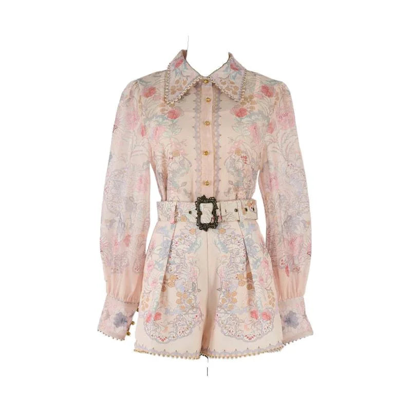 Ele High Waist Long Sve Printed Dr with Pearl Embelliment Slimming Effect irt Sle ort Pants Ensemble
