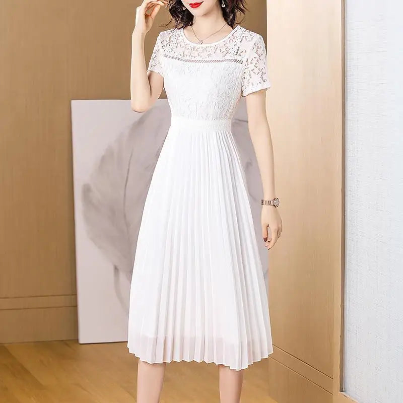 High quality round neck short sleeve solid white dress