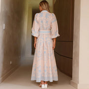 Women Shirt Collar Vintage Floral Print Puff Sleeve Single Breasted Spring Summer Long A Line Cotton Linen Dress