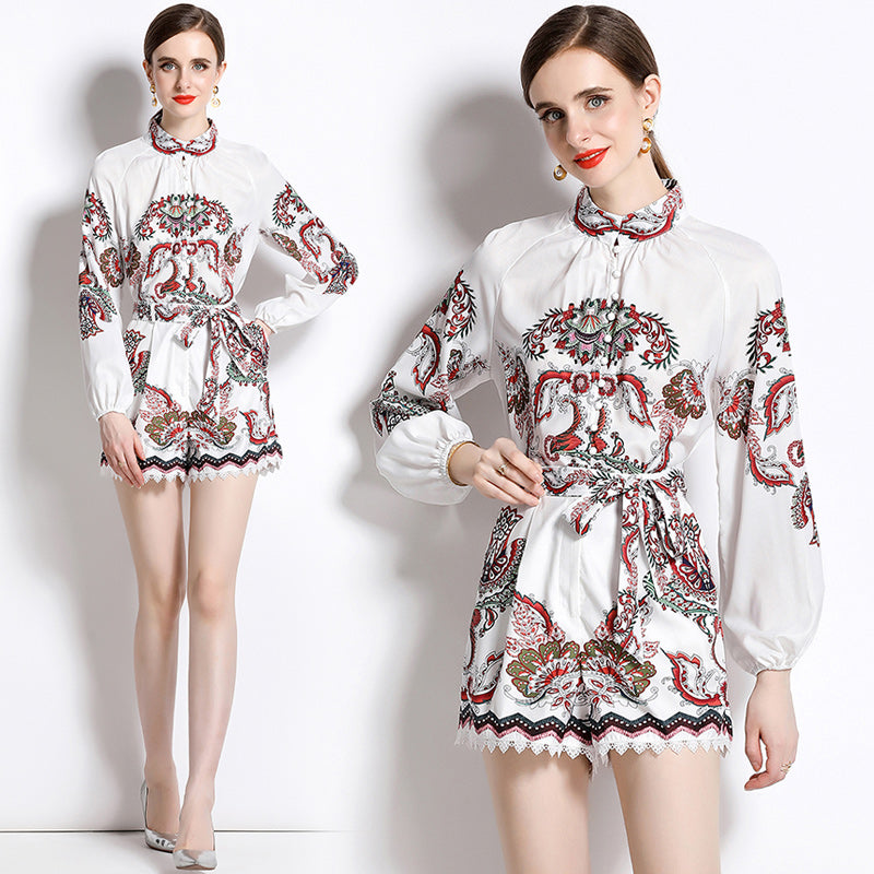 Paisley Flower Print 2 Piece Suit Stand Collar Loose Fit Shirt + Lace Trim Shorts High Quality