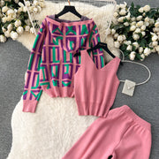 3 Piece Set Stylish Cardigan Tank Top+Pants High Quality