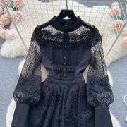 High quality elegant long plain cut French lace dress with flared sleeves