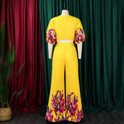 Elegant 2 Pieces Pants Sets Pleated Printed Crop Tops V Neck Half Sleeve Wide Leg Pants Fashion Female Outfits Matching Sets