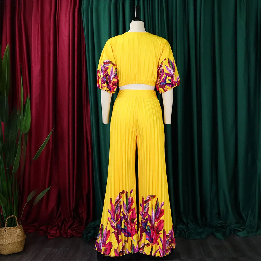 Elegant 2 Pieces Pants Sets Pleated Printed Crop Tops V Neck Half Sleeve Wide Leg Pants Fashion Female Outfits Matching Sets