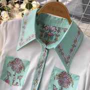 Summer Cartoon 2 Pieces Set Women Turn Down Collar Long Sleeve Two Pockets Chiffon Shirt Top + Irregular Vintage Mini Skirt Suit