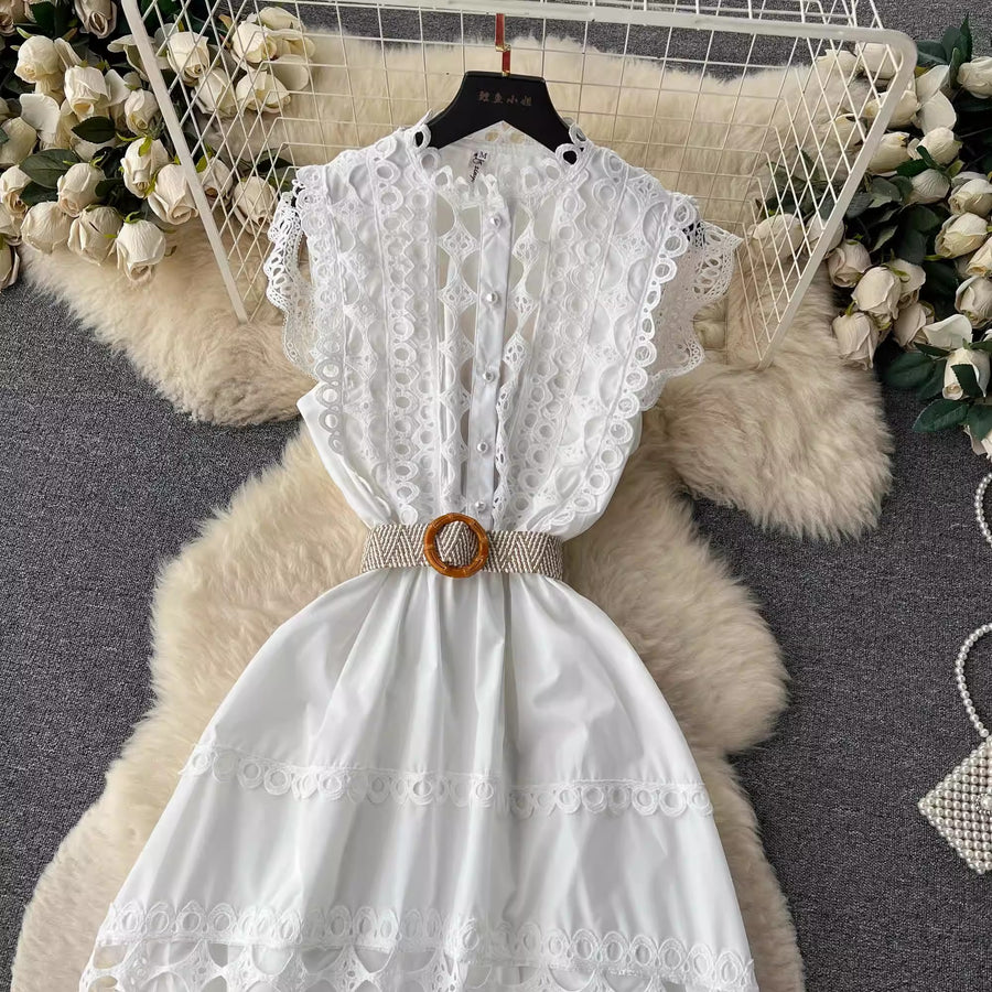 High Quality Sleeveless Stand Collar Hollow Out Belt Water Soluble Embroidery Embroidery Long Elegant Dress