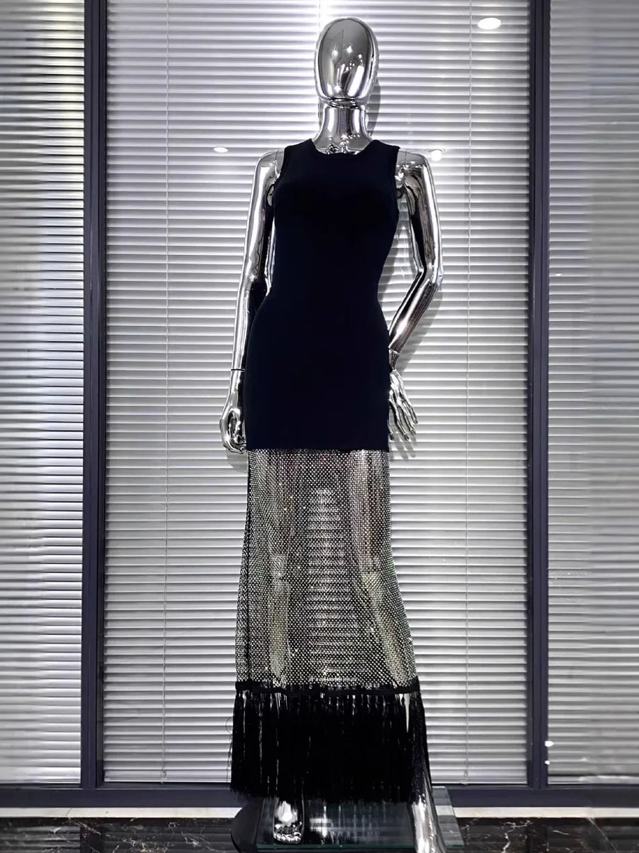 Black bodycon dress with tassel hem and shiny mesh with diamonds