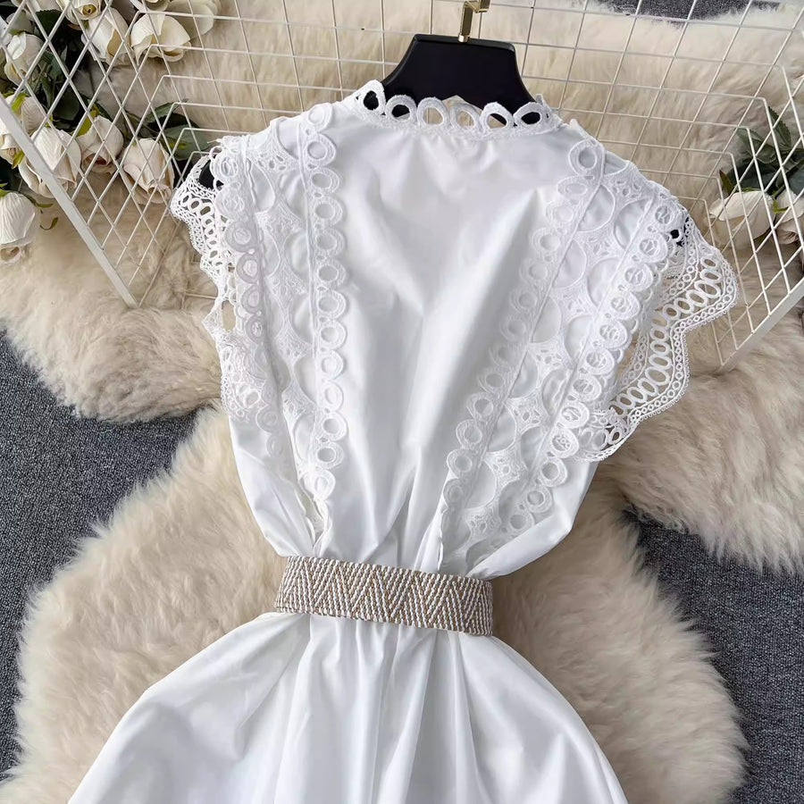 High Quality Sleeveless Stand Collar Hollow Out Belt Water Soluble Embroidery Embroidery Long Elegant Dress