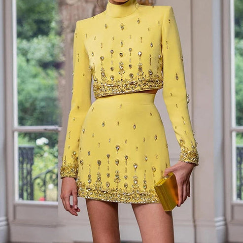 HIGH STREET Newest Designer Runway Suit Set Women's Stand Collar Zip Back Cropped Tops Mini Skirt Set 2pcs