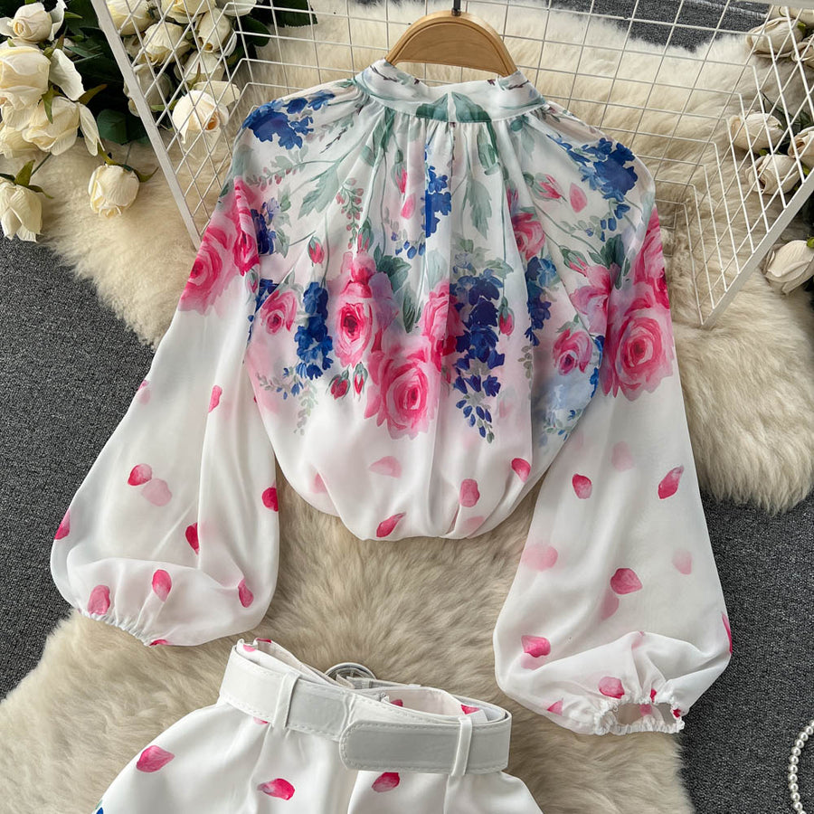 Two Piece Set Flower Print Lantern Sleeve Shirt Bow Neck Top + Belted Shorts High Quality