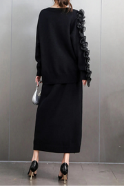 Black Elegant Casual Set Loose Knitted Sweater+Long Skirt High Quality