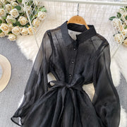 Fashion Temperament Bandage Slim Waist Dress Fairy Gauze Ruffled Long Robe Turn-down Collar Single Breasted Diamonds Vestidos