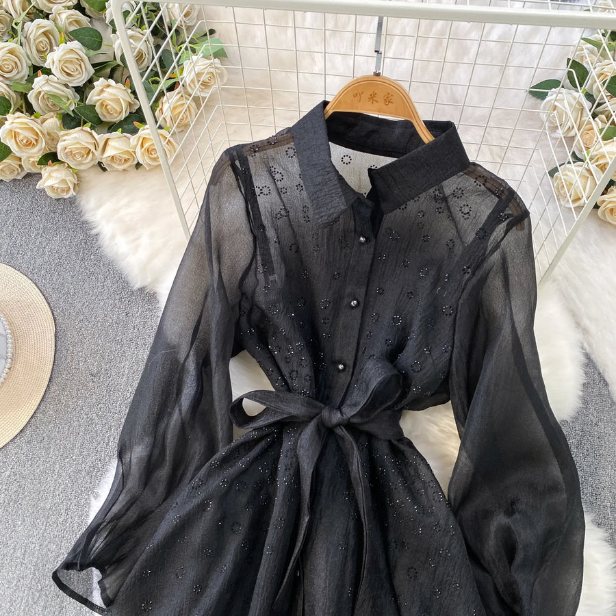 Fashion Temperament Bandage Slim Waist Dress Fairy Gauze Ruffled Long Robe Turn-down Collar Single Breasted Diamonds Vestidos