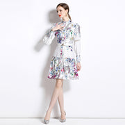 High Quality Support Long Sleeve Flower Print Belted Knee Length Dresses