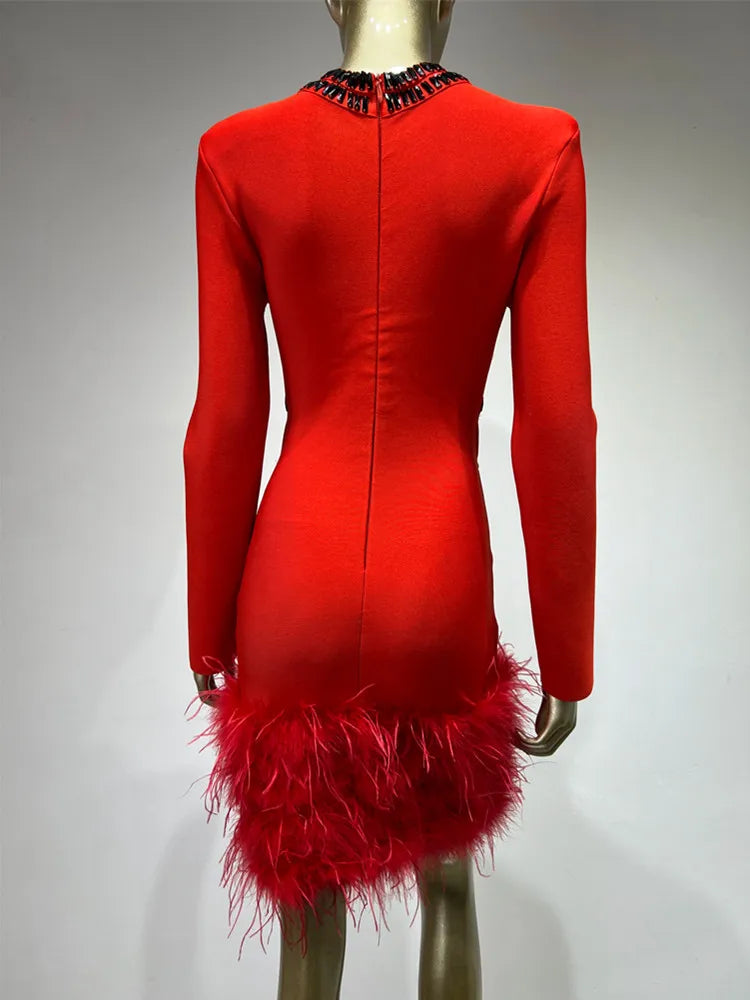 High Quality Feather Beaded Luxury Sexy Long Sleeve Red Bandage Mini Dress Red / M High Quality Feather Beaded Luxury Sexy Long Sleeve Red Bandage Mini Dress Red / M