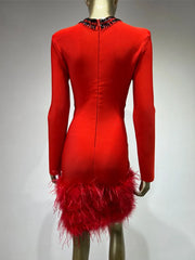 High Quality Feather Beaded Luxury Sexy Long Sleeve Red Bandage Mini Dress