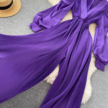 High Quality Lantern Sleeve Stretch Chiffon Wide Leg Deep V Neck Sexy Pleated Long Jumpsuit