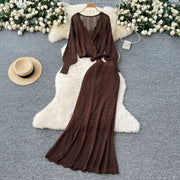 Two Piece Sets Women Skirt Set Full Sleeve Tops Long Skirts A Line High Waist  Streetwear Hollow Out Knit Work Autumn