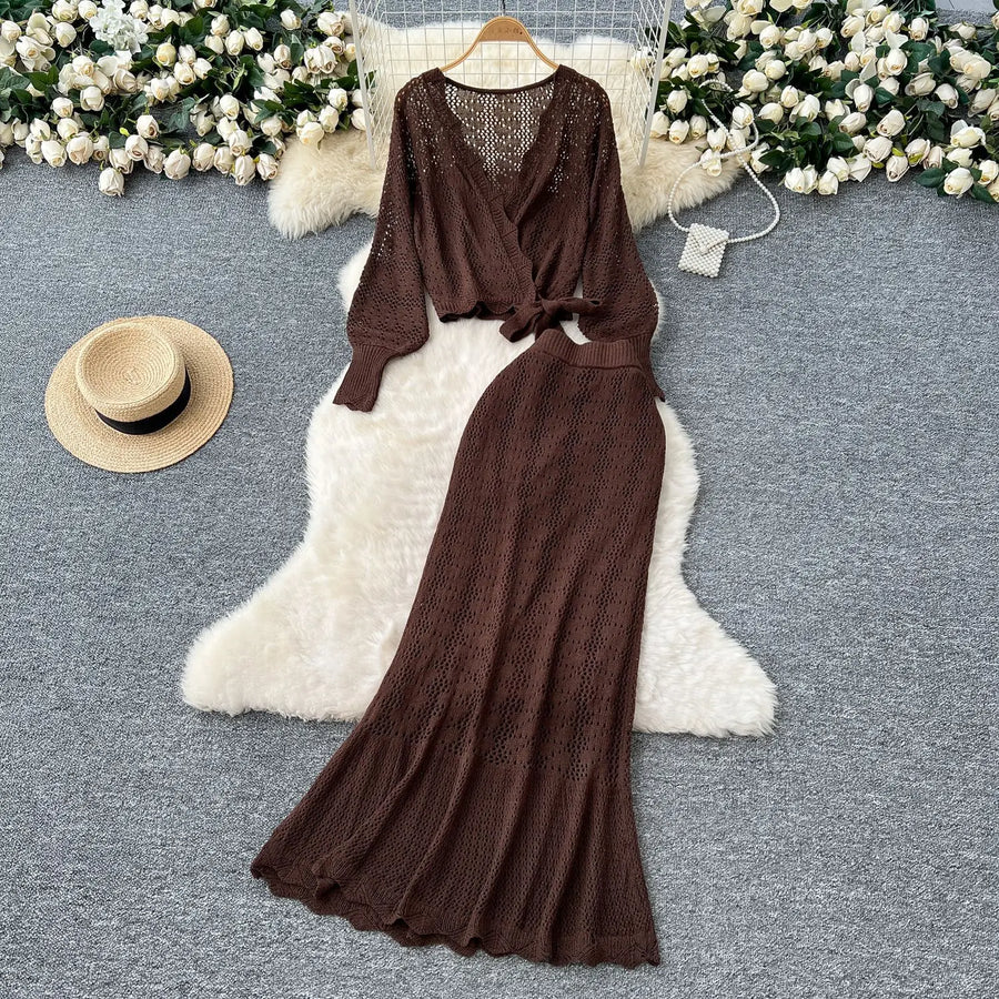 Two Piece Sets Women Skirt Set Full Sleeve Tops Long Skirts A Line High Waist  Streetwear Hollow Out Knit Work Autumn