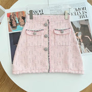 Slim Fit Spring Autumn Office Ladies Pink Tweed Short Jacket High Waist A-Line Skirt Two Piece Set Elegant Women Fashion Sets