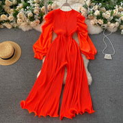 High Quality Lantern Sleeve Stretch Chiffon Wide Leg Deep V Neck Sexy Pleated Long Jumpsuit