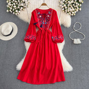 High Quality Tassel Embroidery High Waist Long Sleeve Lace Up A-line Maxi Dress