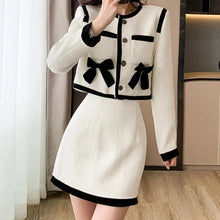 Single Breasted Bow Tweed Short Jacket Coat + Mini Pencil Skirt Two Piece Set High Quality