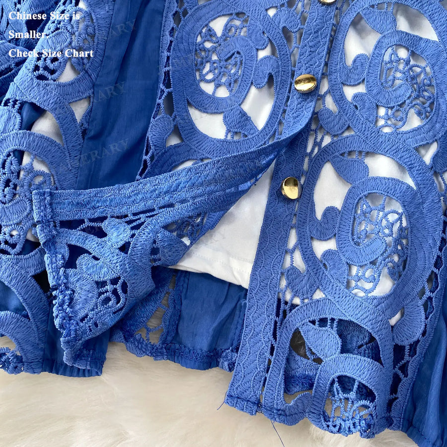 Summer Embroidery Maxi Dress Two Piece Set Women Blue Hollow Lace Long Sleeve Blouse Shirts 3pcs Sets Elastic Waist Skirts Suits