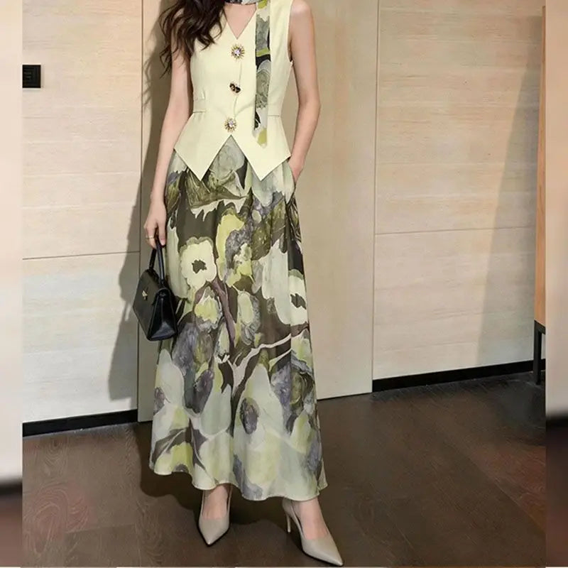 New Summer Office Lady Women's Suit Fashion V-neck Sleeveless Vest Top with Ribbon + A-line Printed Long Skirt Two Piece Set