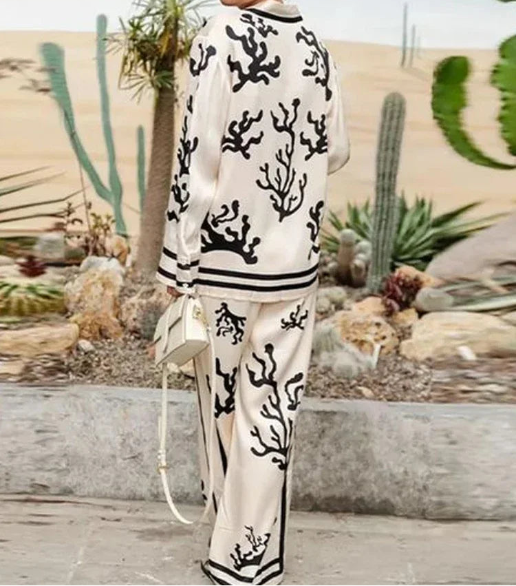 2024 Summer Fashion Print Long Pant Sets Women's Lapel Long Sleeve Shirt Wide Leg Trousers Lady Chic 2 Pieces Sets Street Outfit