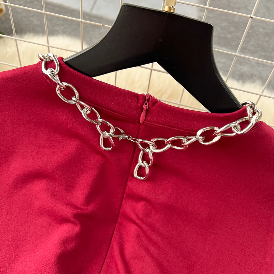 Solid Jumpsuit Chain Round Neck Long Sleeve Cropped Wide Leg Long Pants
